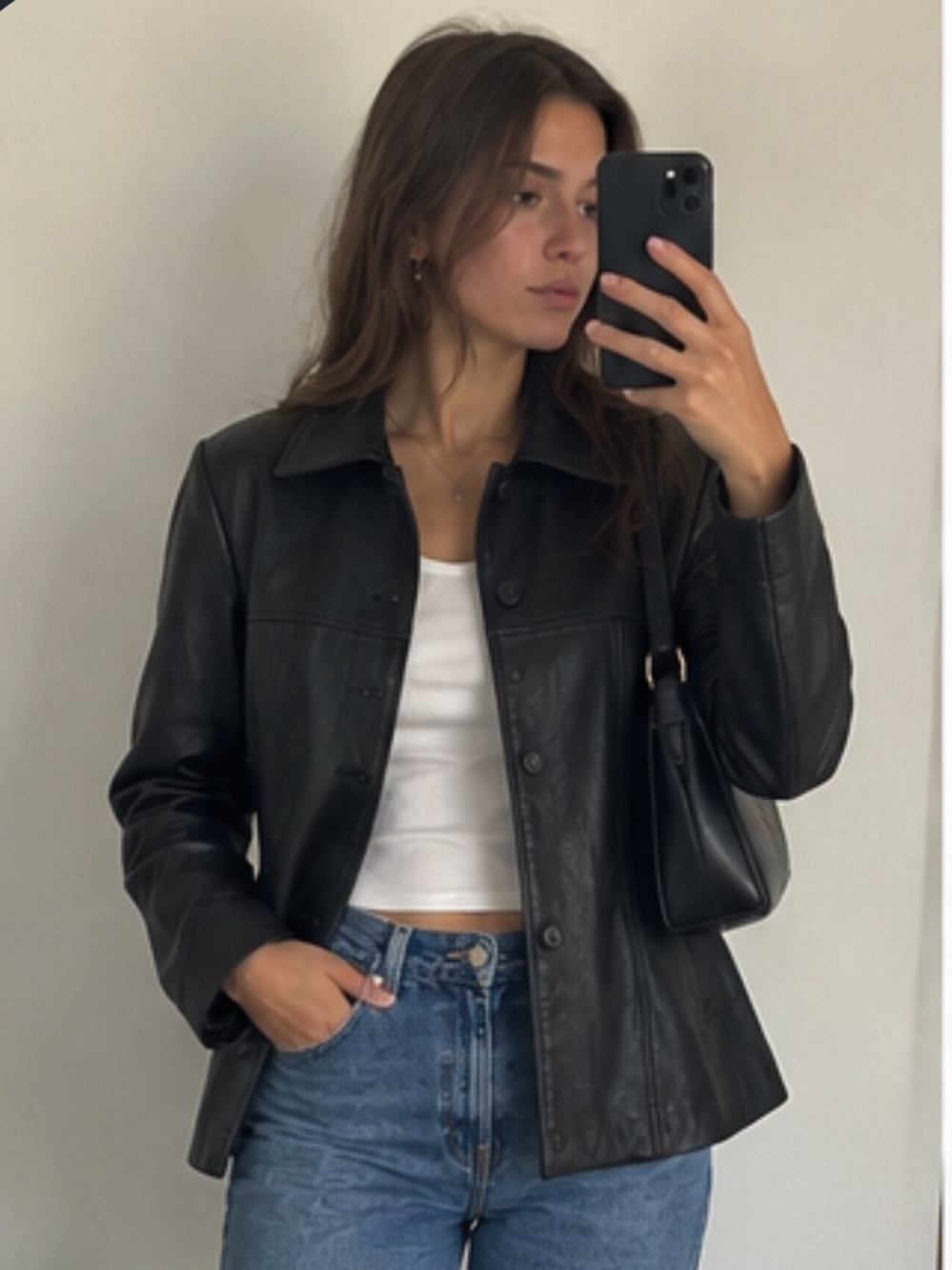 Vintage 90s/Y2K Jones New York Genuine Black Leather Fitted Jacket 🖤 – M